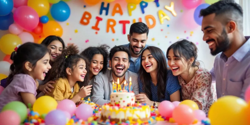 Scène de fête d'anniversaire avec ballons et gâteau.