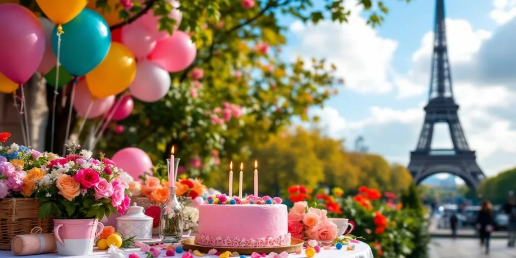 Célébration d'anniversaire à Paris avec gâteau et ballons.