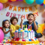 Enfants jouant à un anniversaire avec un gâteau coloré.