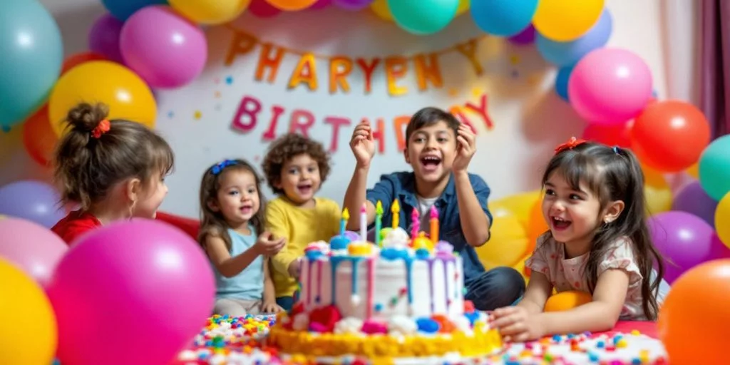 Enfants jouant à un anniversaire avec un gâteau coloré.