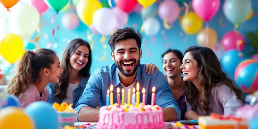 Décoration d'anniversaire colorée avec un gâteau et des ballons.