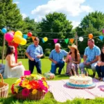 Fête d'anniversaire en plein air avec décorations colorées.