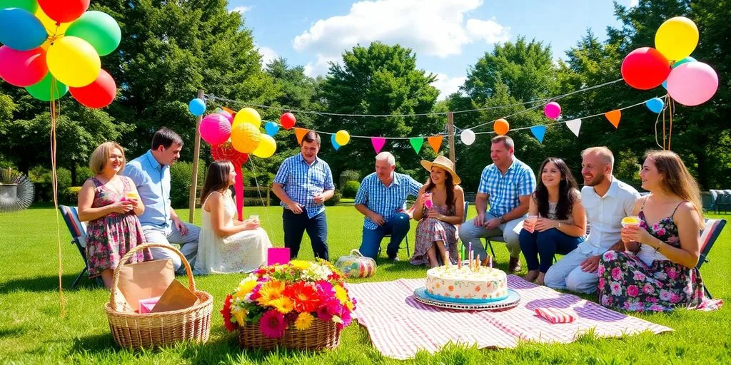 Fête d'anniversaire en plein air avec décorations colorées.