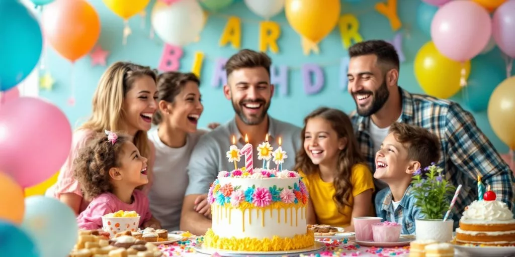 Scène de fête d'anniversaire avec ballons et gâteau.