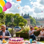 Célébration d'anniversaire à Paris avec ballons et gâteau.