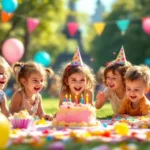 Enfants jouant à un anniversaire joyeux à Paris.