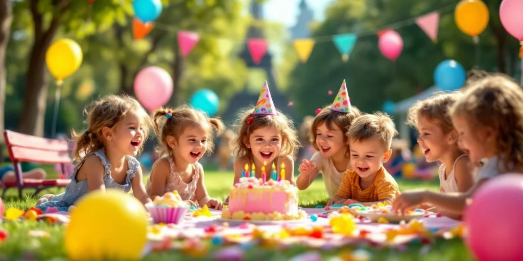 Enfants jouant à un anniversaire joyeux à Paris.