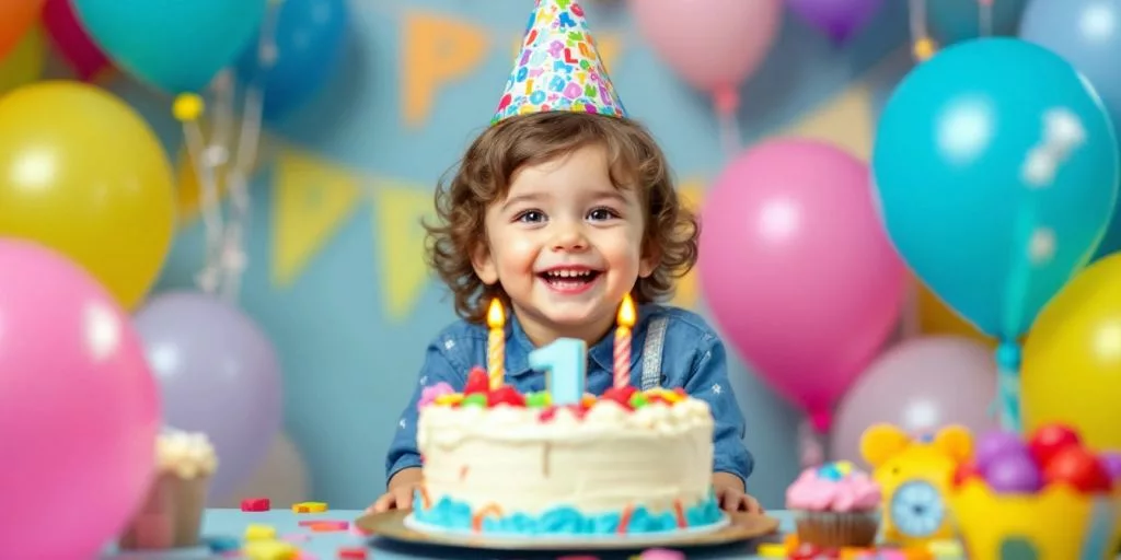 Enfant joyeux avec des ballons et un gâteau d'anniversaire.