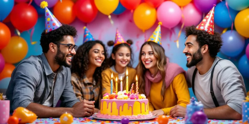 Fête d'anniversaire avec ballons, gâteau et chapeaux colorés.