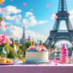 Fête d'anniversaire à Paris avec gâteau et décorations.