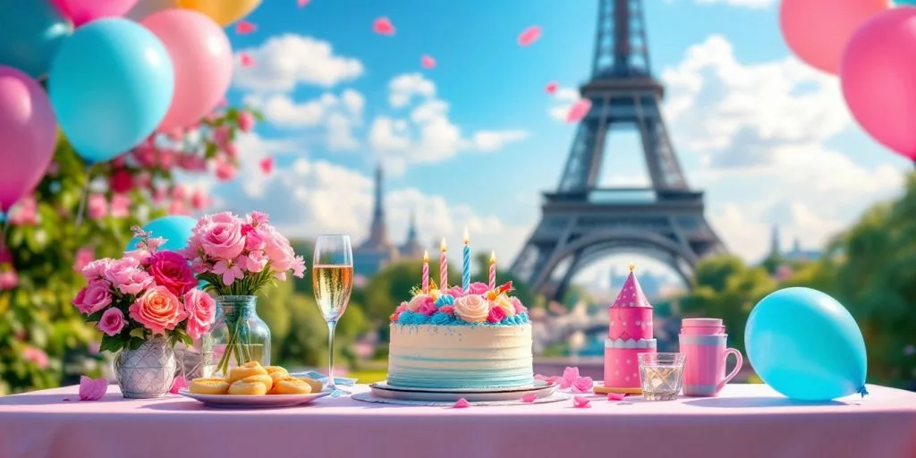 Fête d'anniversaire à Paris avec gâteau et décorations.