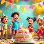 Enfants dansent à une fête d'anniversaire colorée.