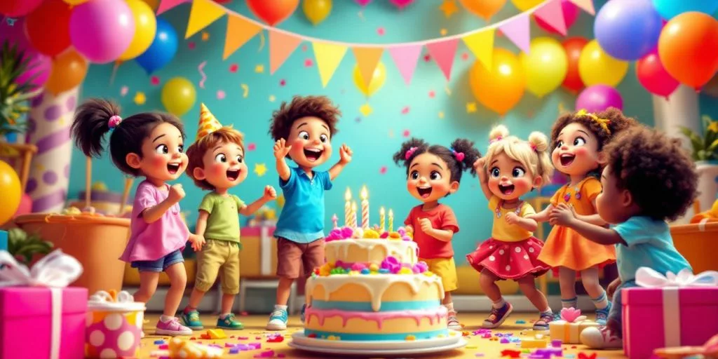 Enfants dansent à une fête d'anniversaire colorée.