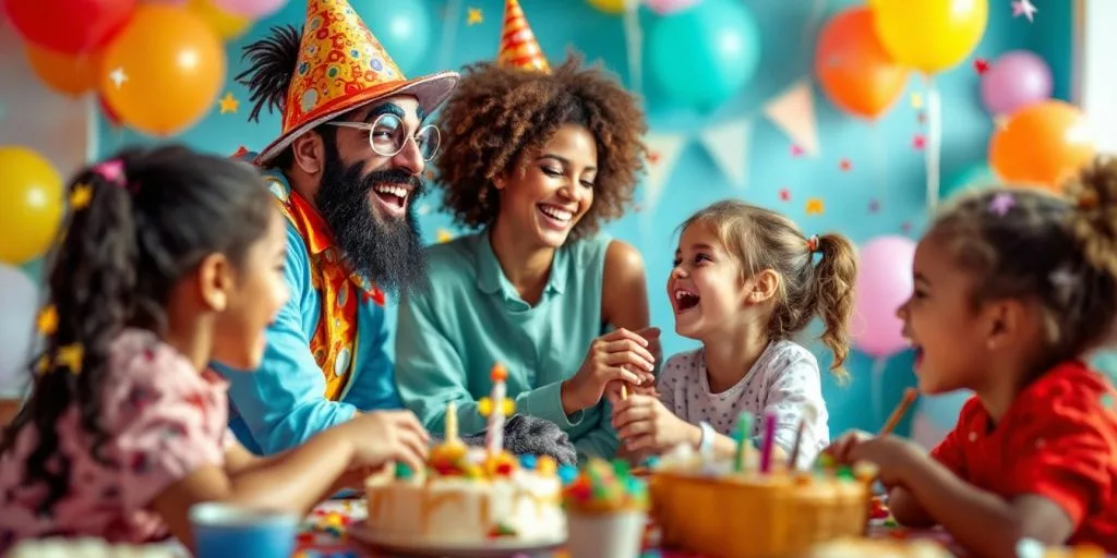 Animateur de fête engageant les enfants lors d'un anniversaire.