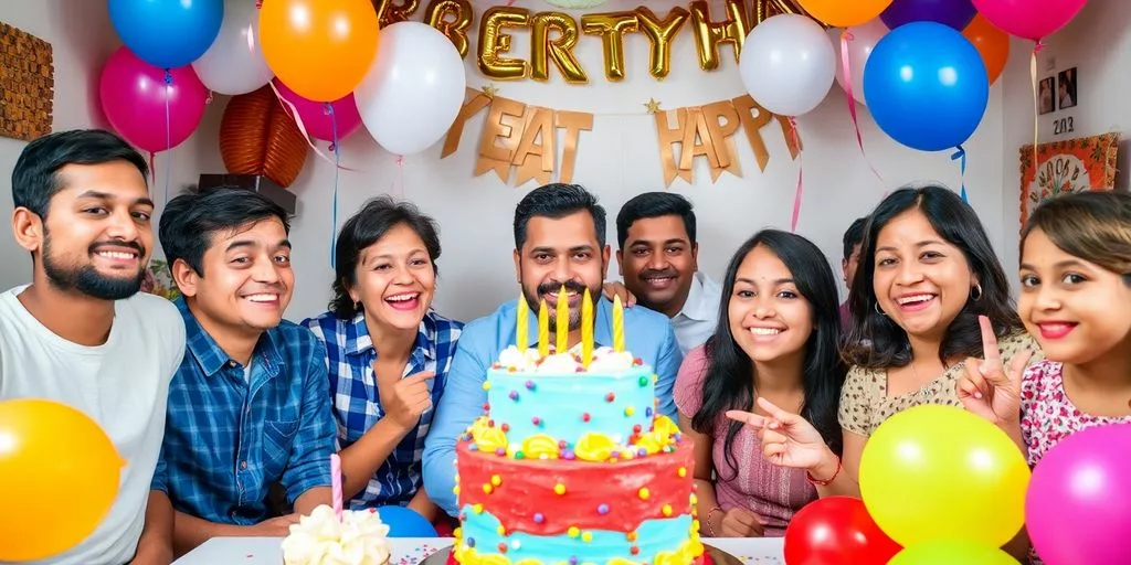 Groupe d'amis célébrant un anniversaire joyeusement ensemble.