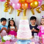 Scène de fête d'anniversaire avec des enfants déguisés.