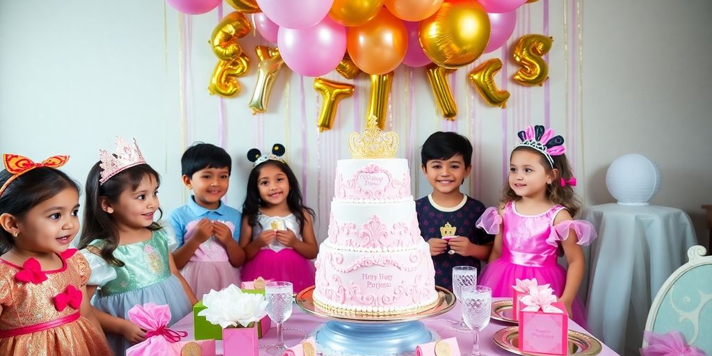 Scène de fête d'anniversaire avec des enfants déguisés.