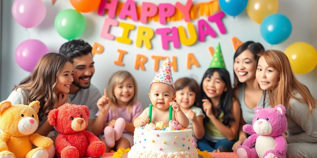 Fête d'anniversaire colorée pour le premier anniversaire d'un bébé.