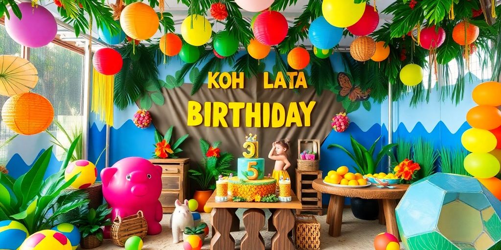 Anniversaire Koh Lanta avec décorations colorées et jeux