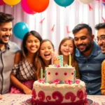 Fête d'anniversaire en famille avec un gâteau coloré.