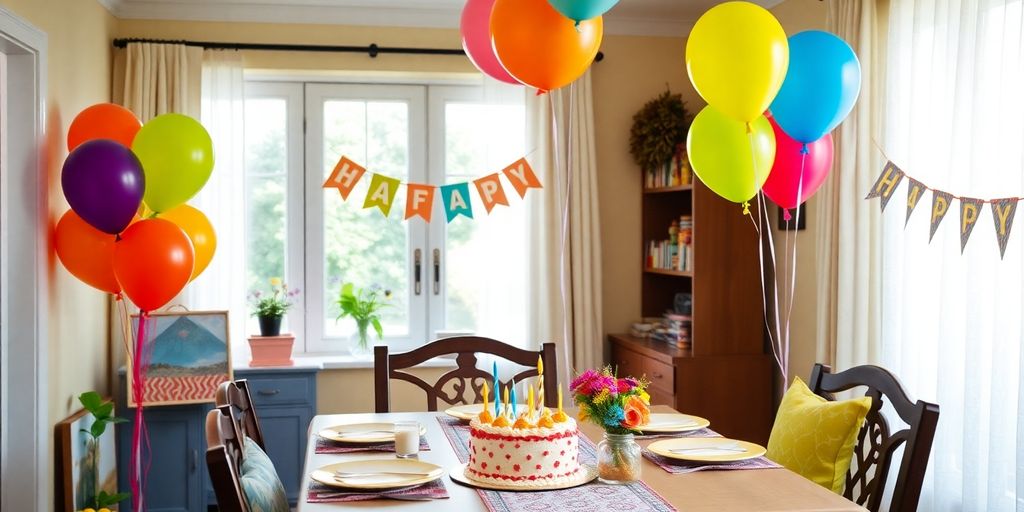 Maison décorée pour un anniversaire avec ballons et gâteau.