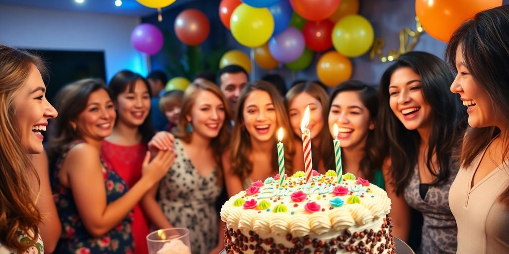 Fête d'anniversaire joyeuse avec un gâteau et des ballons.