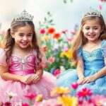 Filles en robes de princesses dans un jardin féerique.