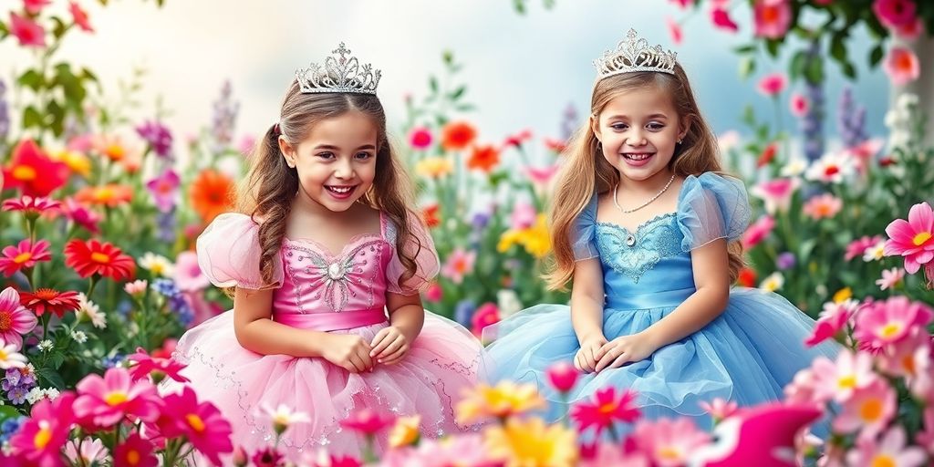 Filles en robes de princesses dans un jardin féerique.