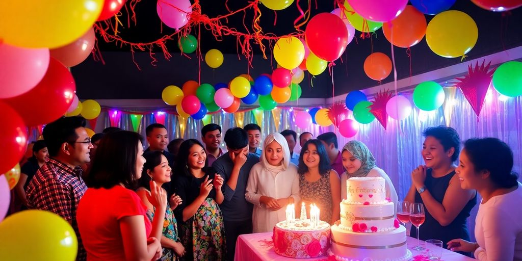 Scène de fête d'anniversaire avec des ballons colorés.