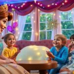 Une princesse avec des enfants joyeux à domicile.