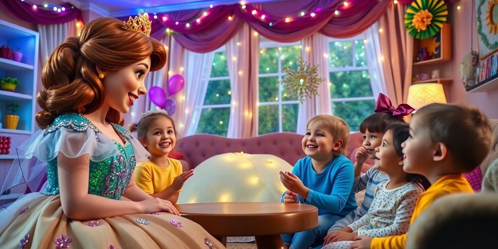 Une princesse avec des enfants joyeux à domicile.