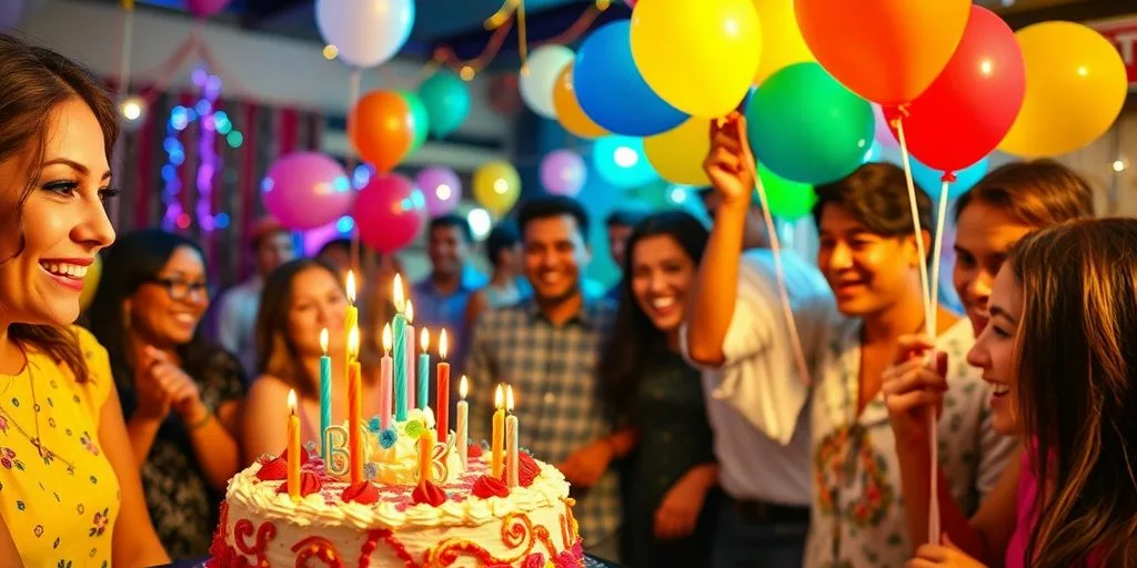 Scène de fête d'anniversaire avec un gâteau et des ballons.