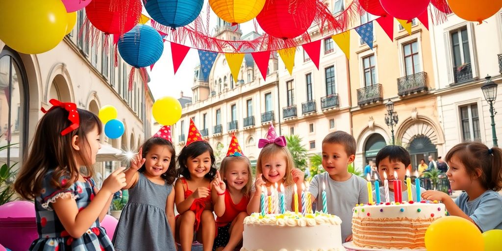 Scène d'anniversaire magique à Toulouse avec des enfants heureux.