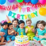 Fête d'anniversaire avec enfants jouant et gâteau coloré.