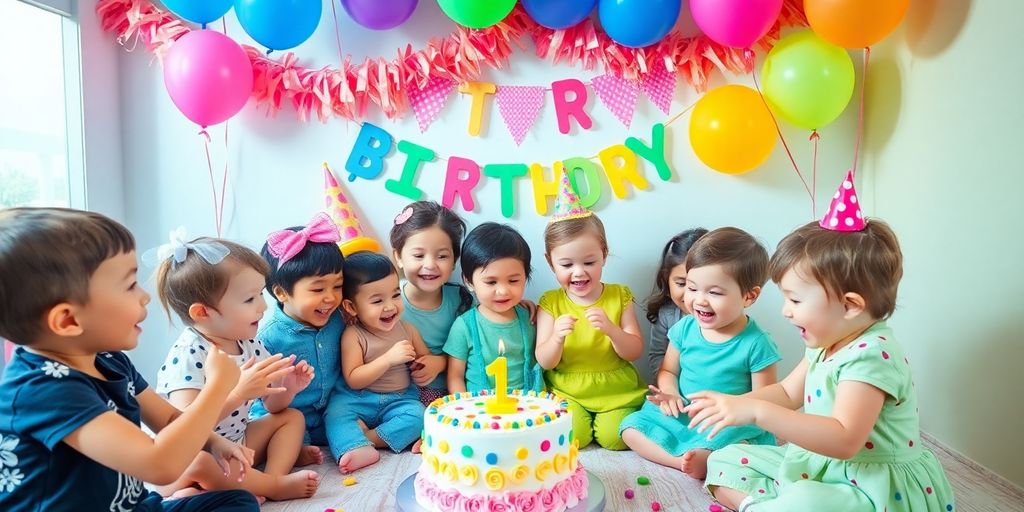 Fête d'anniversaire avec enfants jouant et gâteau coloré.