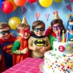 Enfants déguisés en super héros lors d'une fête d'anniversaire.