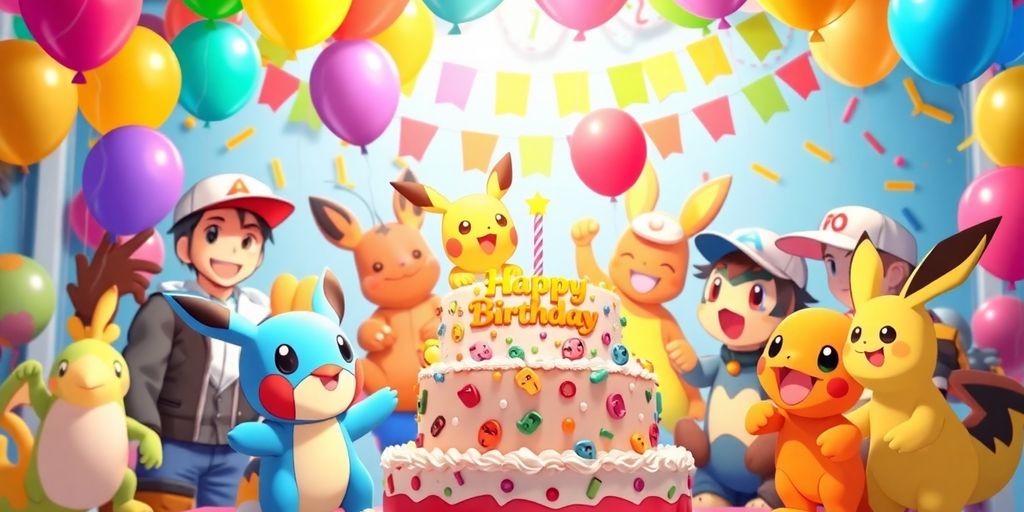 Célébration d'anniversaire avec des personnages Pokémon colorés.