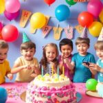 Des enfants jouant à des jeux d'anniversaire colorés.