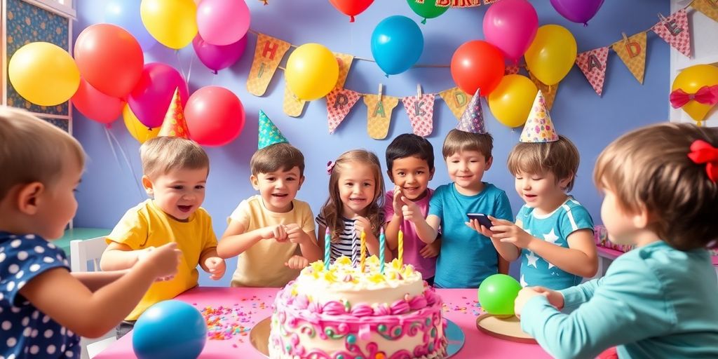 Des enfants jouant à des jeux d'anniversaire colorés.