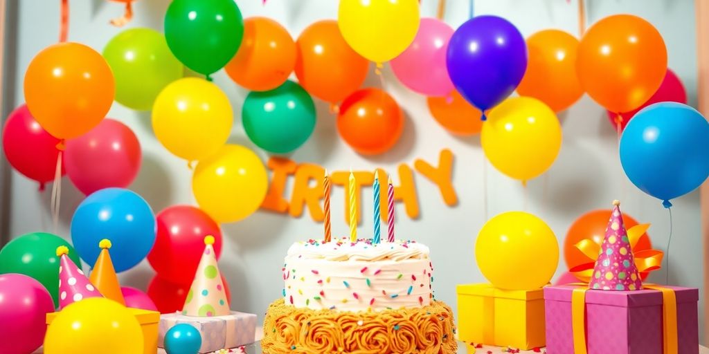 Fête d'anniversaire avec des ballons et un gâteau coloré.