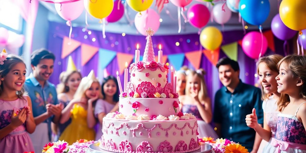 Fête d'anniversaire de princesse avec gâteau et décorations.