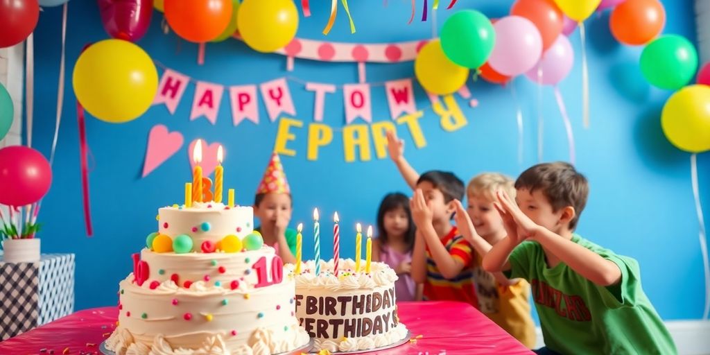 Fête d'anniversaire avec cake, décorations et enfants joyeux.