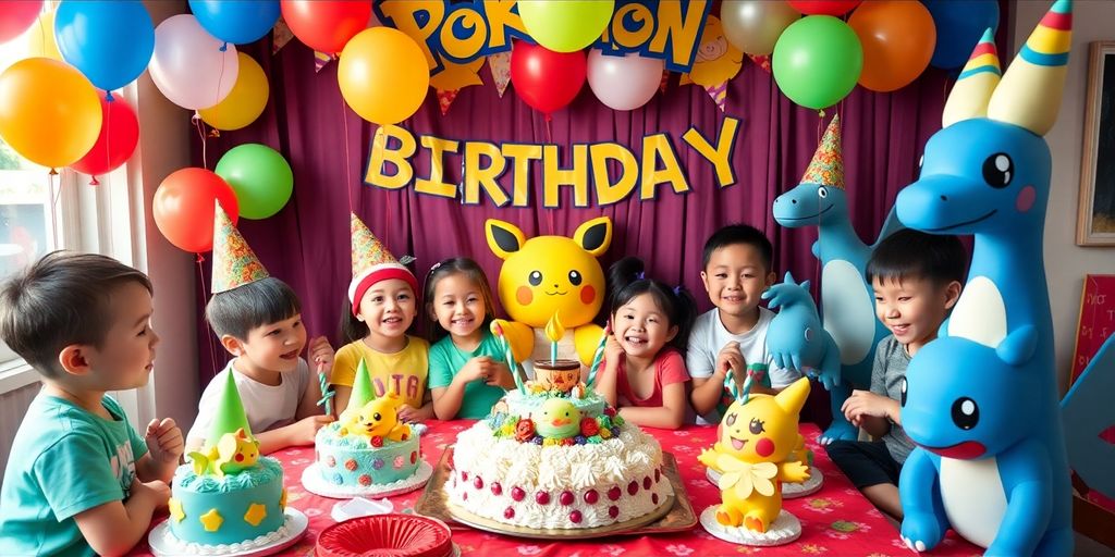 Fête d'anniversaire Pokémon avec décorations colorées et enfants joyeux.