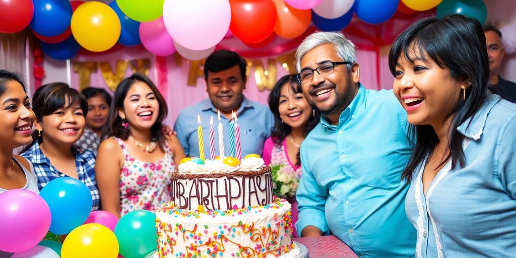 Fête d'anniversaire avec un gâteau et des ballons colorés.