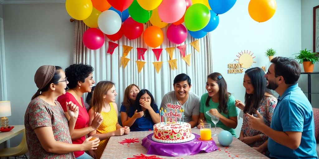 Fête d'anniversaire avec ballons et décoration colorée.