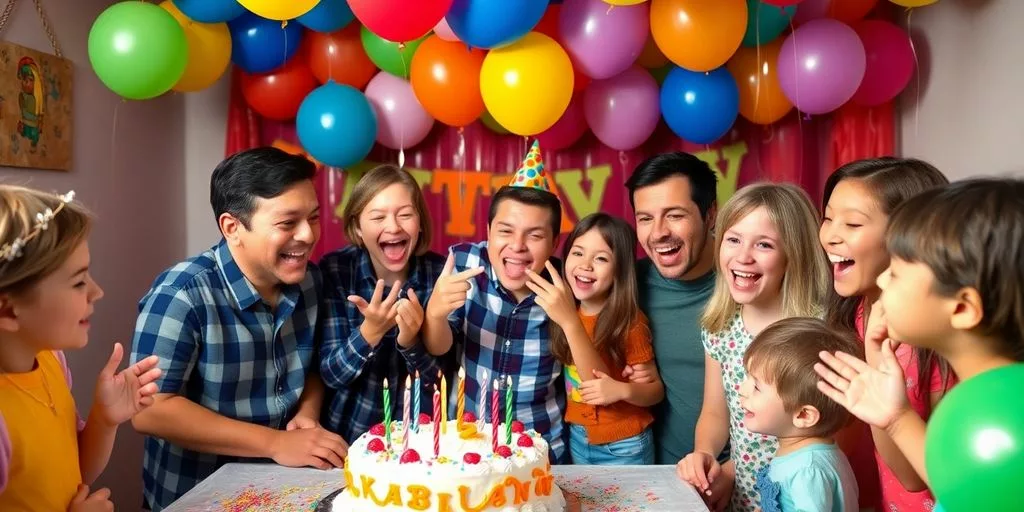 Scène d'anniversaire avec des ballons et un gâteau.