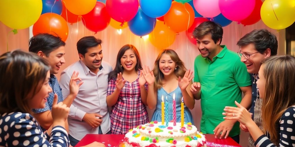 Fête d'anniversaire avec un gâteau et des ballons.