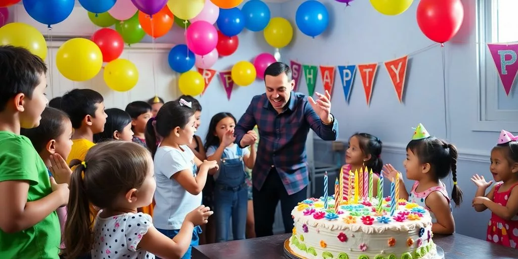 Anniversaire joyeux avec un animateur et des enfants.