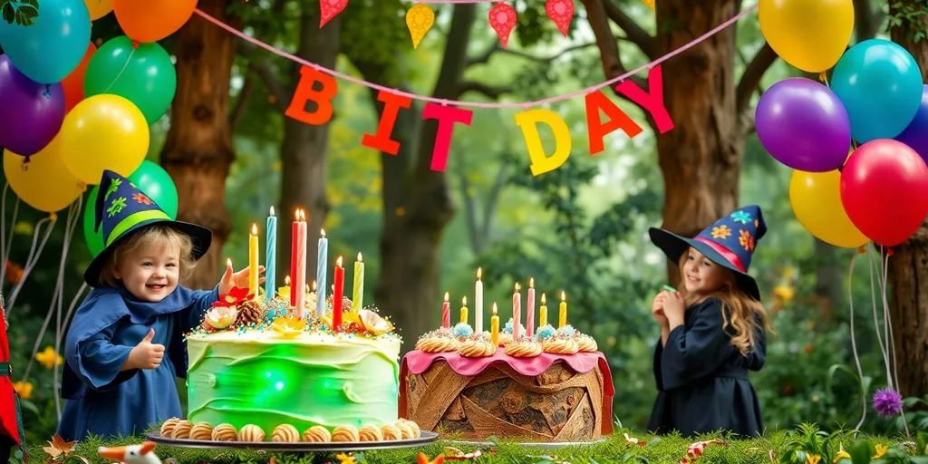 Scène d'anniversaire magique avec des enfants sorciers.