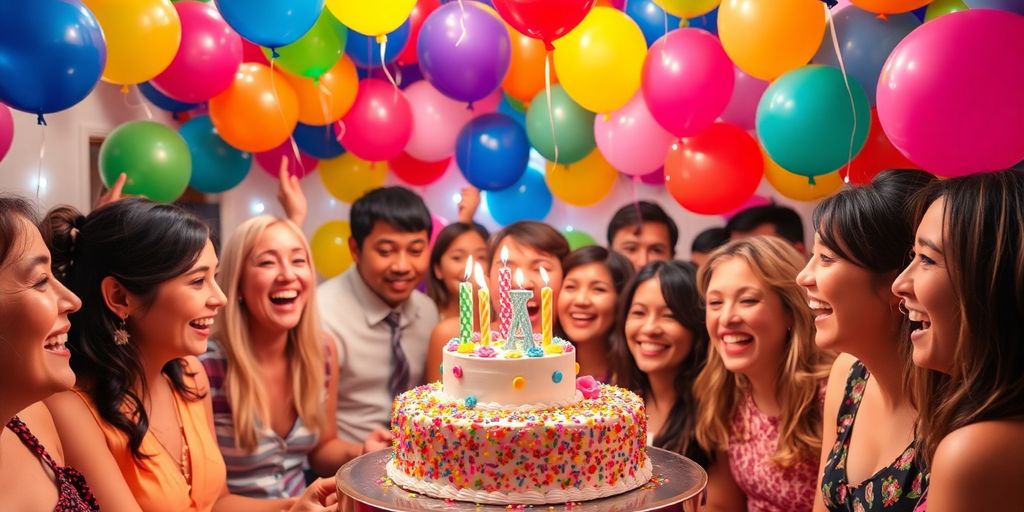 Fête d'anniversaire colorée avec des ballons et un gâteau.